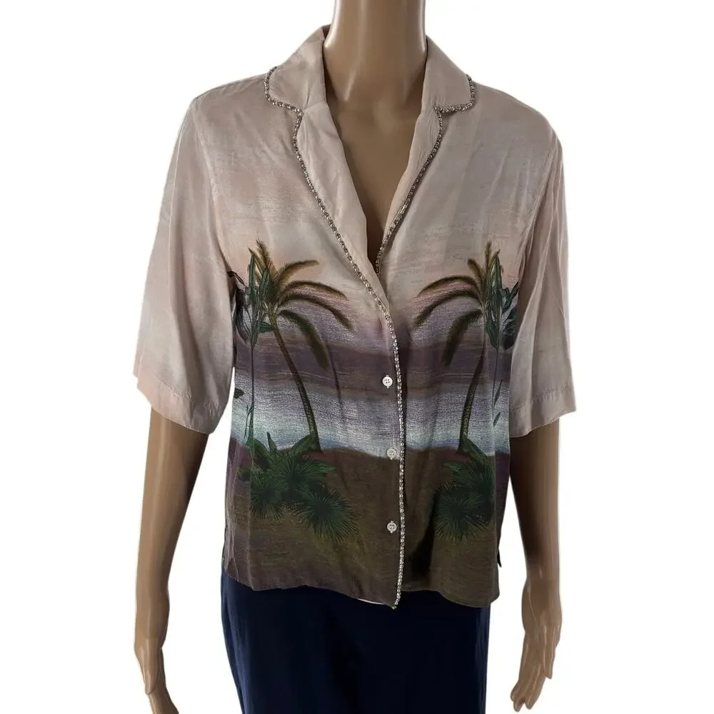 Sandro Paris Pink Embellished Tropical Hawaiian Button Down Top - Picture 4 of 12